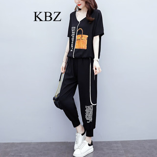 KBZ运动套装女 夏装时尚气质V领减龄女装显瘦休闲两件套 黑色 XXL 139---152斤左右