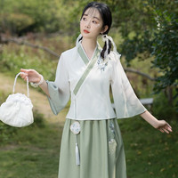 景华年 新中式国风复古刺绣斜襟上衣裙子套装 绿色上衣+绿色裙子 M