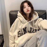 風采兔卫衣女秋冬款oversize连帽外套韩版宽松上衣开衫潮 白灰(薄款) M