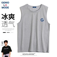 GENIOLAMODE品牌背心男韩版简约印花夏季薄款无袖坎肩男士运动上衣 浅灰 XL(125斤-140斤)
