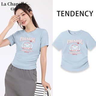 La Chapelle City 拉夏贝尔紧身褶皱短款T恤 雾霾蓝-蝴蝶标本