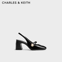 CHARLES&KEITH24秋季珍珠一字带法式小香风粗跟玛丽珍凉鞋CK1-61720205 Black Box黑色 34
