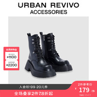 URBAN REVIVO秋冬女士时尚棕色擦色绑带马丁靴UAWS30092 黑色 36