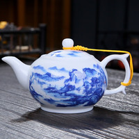 九楼阁景德镇青花高白釉中彩陶瓷小茶壶 功夫茶具单壶 手抓壶小号带过滤 青花山水 320ml 泡沫包装
