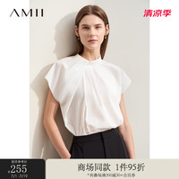 AMII2024夏气质通勤立领不对称收褶宽肩白衬衫女连袖衬衣上衣 米白 165/88A/L