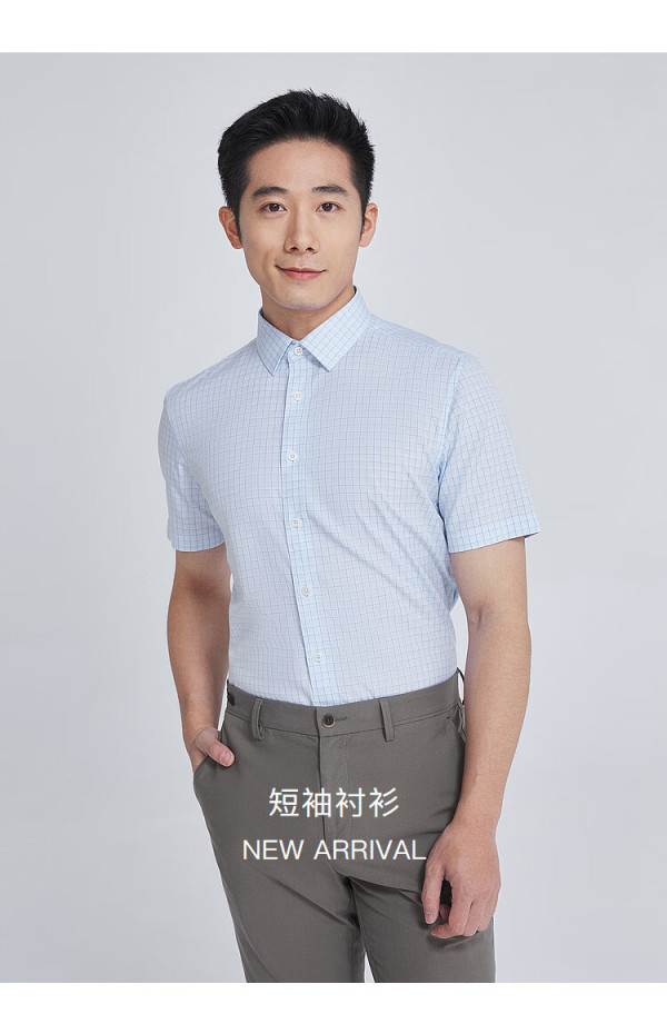 雅戈尔(youngor)短袖衬衫男格纹dp免烫衬衫全棉舒适透气抗皱 蓝色ysdp