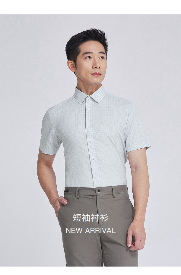 雅戈尔(youngor)短袖衬衫男格纹dp免烫衬衫全棉舒适透气抗皱 蓝色ysdp