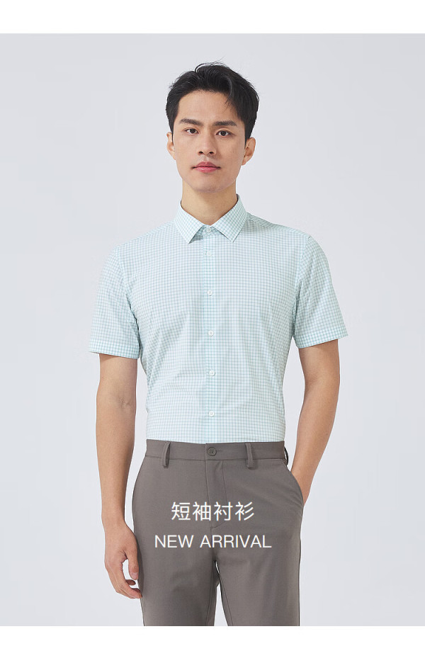 雅戈尔短袖衬衫男格子新商务含桑蚕丝锦氨面料新材质衬衫舒适 浅蓝 40