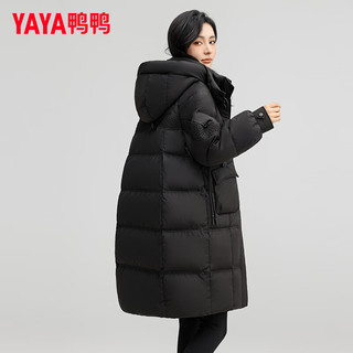 鸭鸭（YAYA）羽绒服女中长款2024冬季宽松百搭连帽保暖外套KL 黑色 160/84A(M)