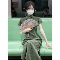 PZCL旗袍复古高贵中国风长款绿色改良版旗袍民国风素雅复古高端年轻款 绿色 M