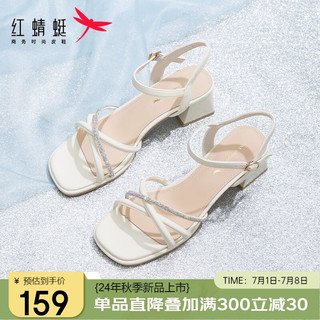 红蜻蜓 凉鞋女2024夏季一字带粗跟法式高跟鞋时装凉鞋 WLK24083米白色37