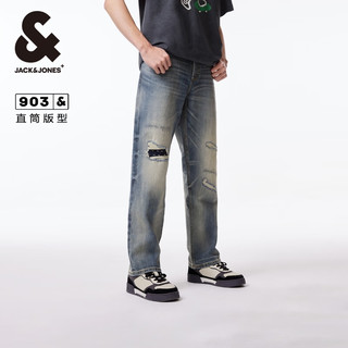 杰克·琼斯（JACK&JONES）衣服男装903直筒牛仔裤男破洞复古废土风裤子潮流百搭品牌男裤 浅牛仔蓝E40 常规 浅牛仔蓝 180/86A/LRW