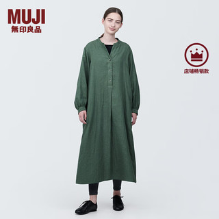 无印良品（MUJI）女式 木棉混双层纱织长袖连衣裙长裙裙子衬衫裙 BC2IOC4S 烟熏绿色 XS 150/76A