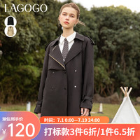 lagogo拉谷谷春季西装领中长款插肩袖风衣女双排扣休闲外套 黑色(W1) 155/S/36