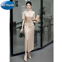 A21funb宴会气质感参加婚礼礼服裙平时可穿秋季高端喜婆婆婚宴装 香槟色 XL