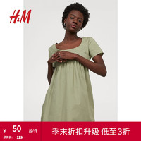 H&M HM 女装连衣裙夏季气质森系风纯棉梭织喇叭裙低领短裙0987996 卡其绿 155/76