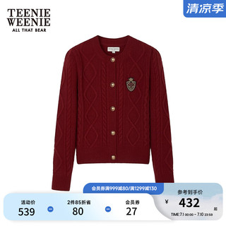 Teenie Weenie小熊泡泡袖绞花毛衣针织开衫女 红色 175/XL