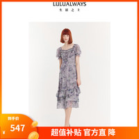 LULUALWAYS我爱露露24夏季复古宫廷风印花泡泡袖中长款连衣裙 紫色 M