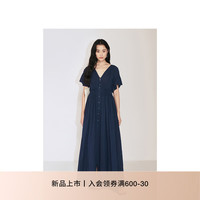 ochirly欧时力 纯棉A字连衣裙女荷叶袖气质法式2024秋季 深蓝 L