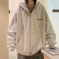 娇茹妮 美式ins高街复古刺绣卫衣女宽松装班服运动开衫女秋季宽松慵懒风连帽拉链外套潮 花灰色(春秋薄款) XXL