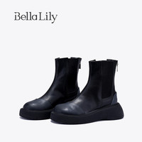 Bella Lily2024黑色后拉链切尔西靴女增高中筒靴休闲瘦瘦靴子 黑色 35