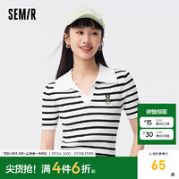 森马（Semir）针织衫女短款紧身刺绣套头衫气质夏撞色polo领毛衫女生潮流 白黑色调00319 150/76A/XS