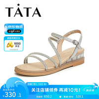 他她（TATA）绝美坡跟凉鞋女外穿一字带时装凉鞋夏季7UA03BL4 银色 39