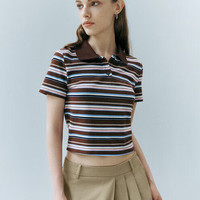 URBAN REVIVO 女士都市休闲复古撞色条纹纽扣T恤 UWU440078 咖棕条纹 XS