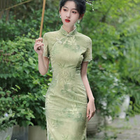 杜艳枝2024夏季 网纱印花长款侧八扣旗袍绿色竹叶节节高升高考旗袍 绿( 胸有成竹) XL 110-120斤(160身高标准)