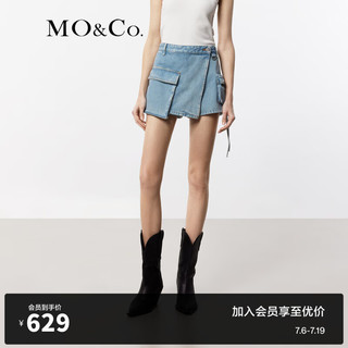 MO&Co.2024夏雪花浅蓝不对称低腰工装牛仔裙裤短裤MBD2SOT005 牛仔浅蓝色 29/XL