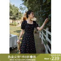 独束大码女装抽绳设计碎花连衣裙女夏季胖mm法式茶歇裙 黑底红花  XXL