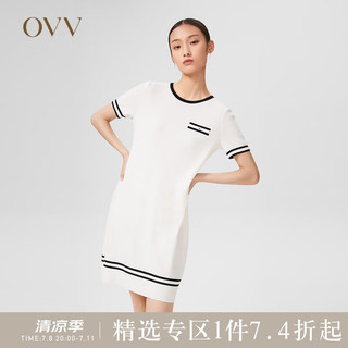 OVV2022春夏新款女装经典撞色真丝羊毛时尚A字短袖针织连衣裙 米白02