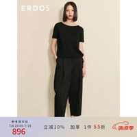 ERDOS 春夏亚麻混纺一字领半袖女针织T恤 黑 155/80A/S