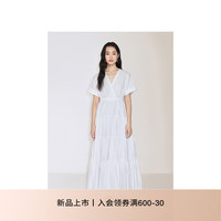 ochirly欧时力 涤棉V领连衣裙法式气质收腰显瘦2024秋季 白色 XS