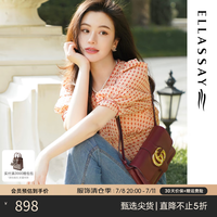 歌力思（ELLASSAY）【同款】泡泡袖V领短衬衫女法式优雅格纹上衣EWE332C032 红粉混搭 M