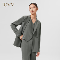 【重磅真丝】OVV2022春夏女装30MM重绉平驳领桑蚕丝套装西服 绿灰12 S