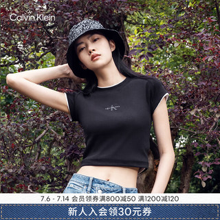 卡尔文·克莱恩 Calvin Klein Jeans夏季女士简约字母时尚ck辣妹重磅微弹正肩短袖T恤J221171 BEH-太空黑 S