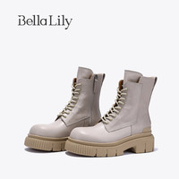 Bella Lily2024增高英伦马丁靴女厚底中筒靴系带时装机车靴子 灰色 35