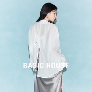 Basic House/百家好醋纤纯色夏日通勤高级感休闲百搭翻领长袖衬衫 白色 F