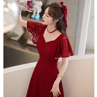 兰卡·罗妮兰卡罗妮敬酒服新娘平时可穿结婚订婚连衣裙回门小晚礼服蕾丝 酒红色中长款 XL