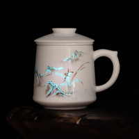 国进手造羊脂玉白瓷办公杯茶杯男士陶瓷茶水分离水杯过滤带盖logo 空谷幽兰单杯（简装） 430ml 1只