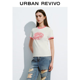 URBAN REVIVO 女装甜美休闲撞色做旧印花短袖T恤 UWL440184 本白 XL