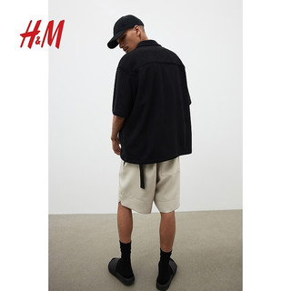 H&M2024夏季男士标准版型华夫格衬衫1225159 黑色 175/100