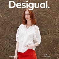 Desigual 24春夏全棉宽松刺绣镂空V领五分袖女式衬衫