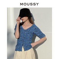 MOUSSY 摩西 夏季印花v领复古抽褶短款衬衫010FAH30-6330