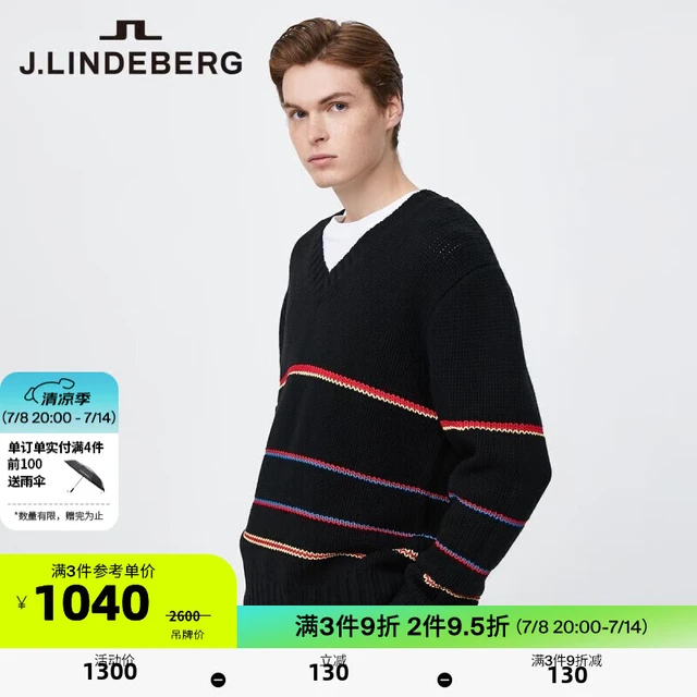J.Lindeberg 金林德伯格 春季新款休闲潮流宽松条纹v领羊毛针织衫毛衣男52013E501 RPR黑色 175/96A(M)