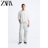 ZARA季 男装 淡蓝色水洗破洞饰直筒牛仔裤 5585403 406