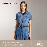 MISS SIXTY2024秋季牛仔连衣裙女含天丝百褶边单排扣复古风 中蓝 M