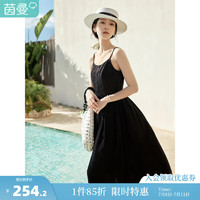 茵曼2024夏季女时尚连衣裙百搭纯色提花肌理显瘦吊带中长裙子 黑色 L