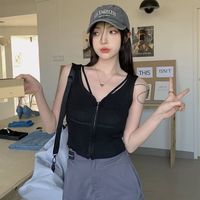 莫代尔甜酷辣妹针织吊带小背心夏季设计感拉链露脐短款无袖上衣打底衫